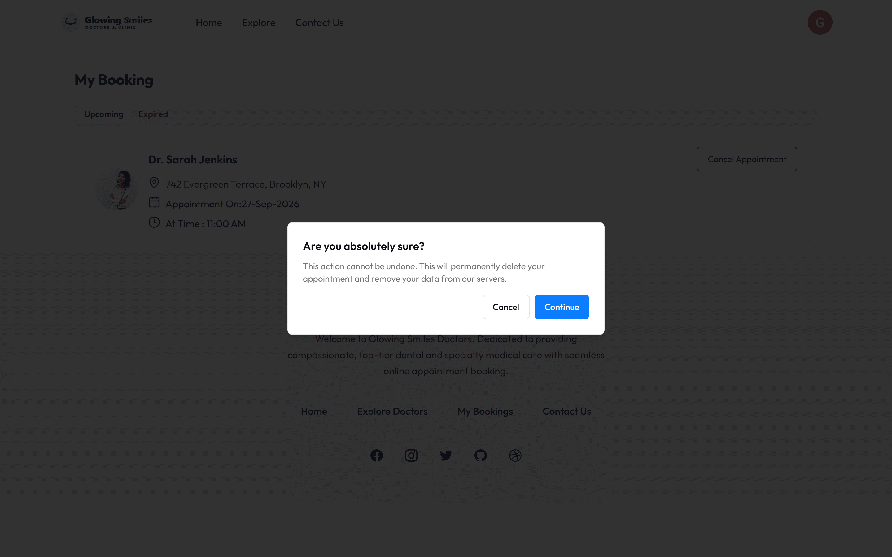 Cancellation confirmation dialog for the synthetic upcoming appointment.