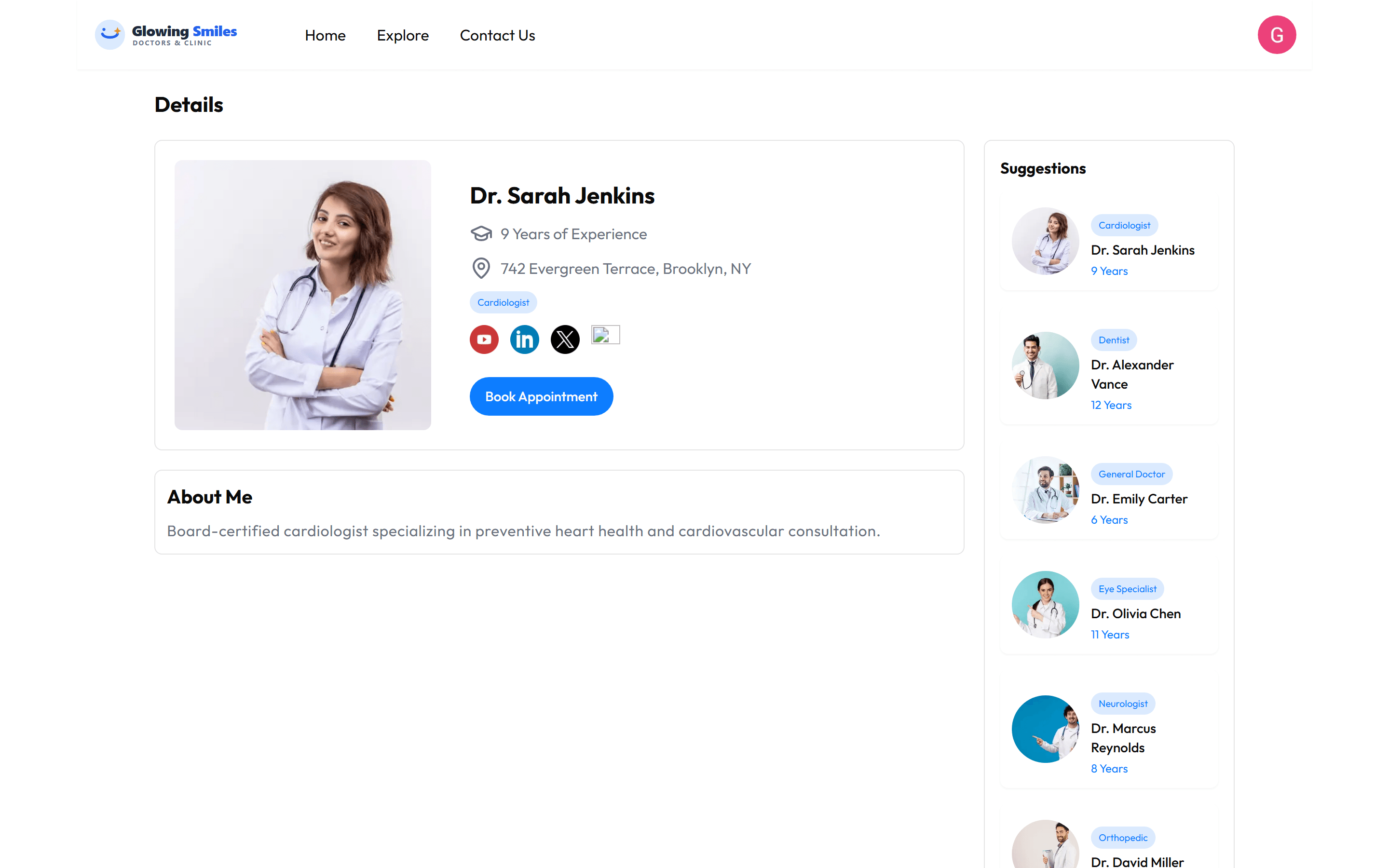 Signed-in doctor detail page for synthetic doctor Dr. Sarah Jenkins, with profile information, suggestions and a Book Appointment action.