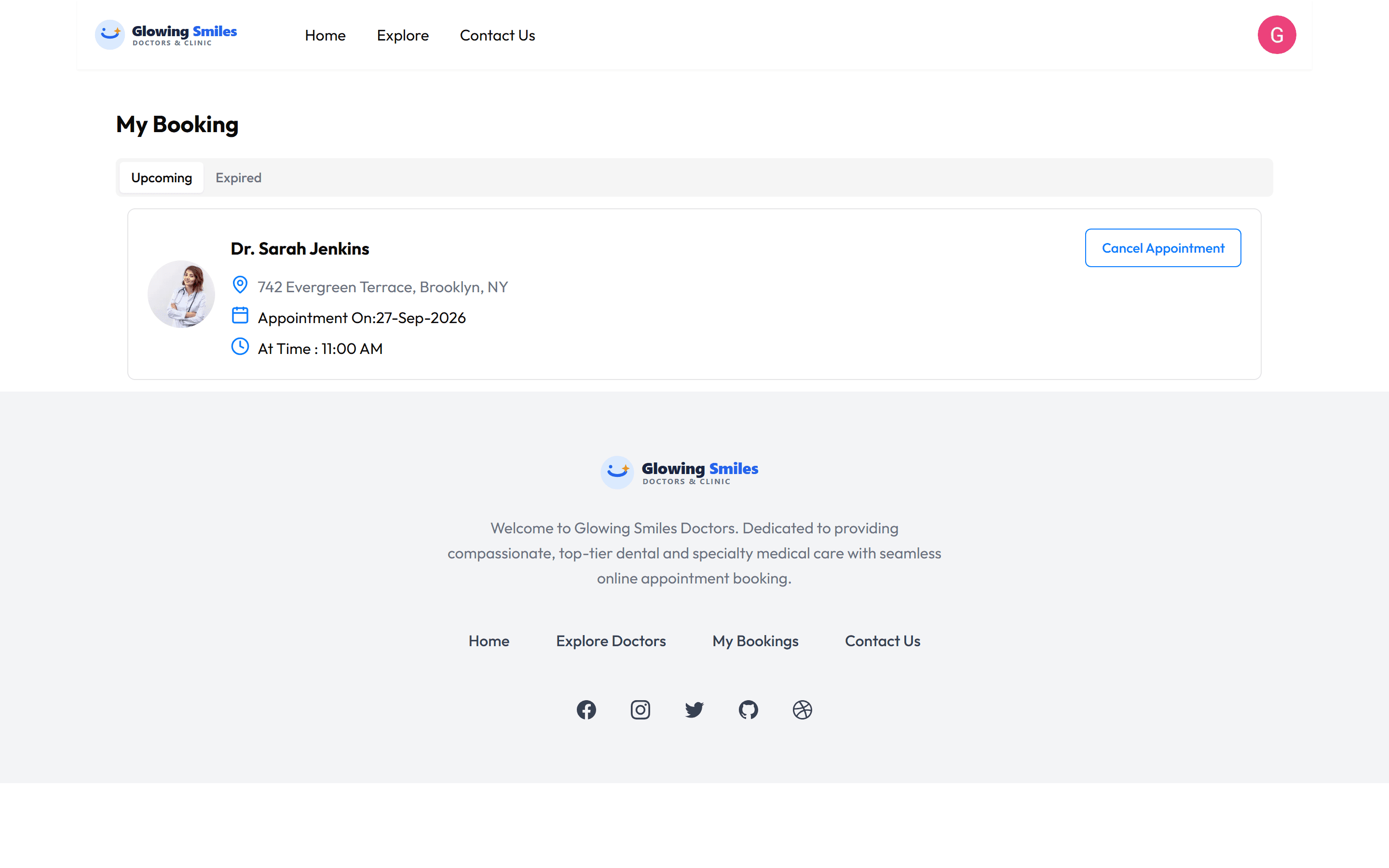 My Bookings page showing a synthetic upcoming appointment for the signed-in user and its Cancel Appointment action.