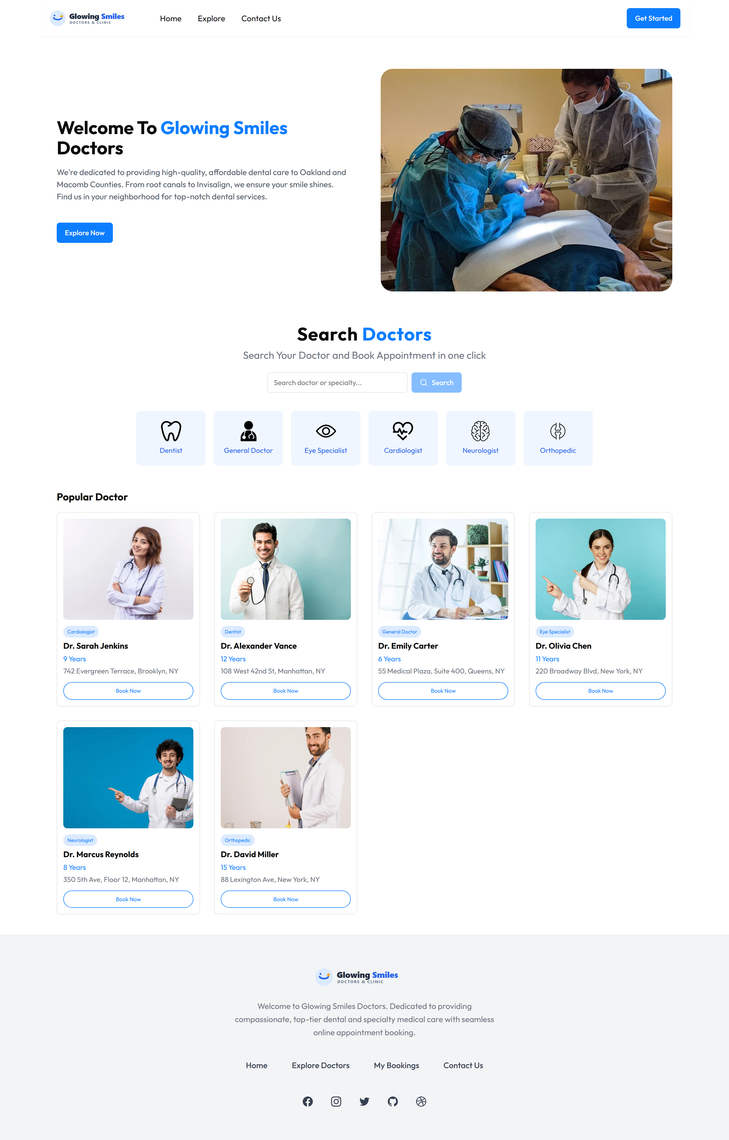 Top of the deployed Doctor Appointment homepage, showing its hero, specialty categories and first row of synthetic doctor cards.
