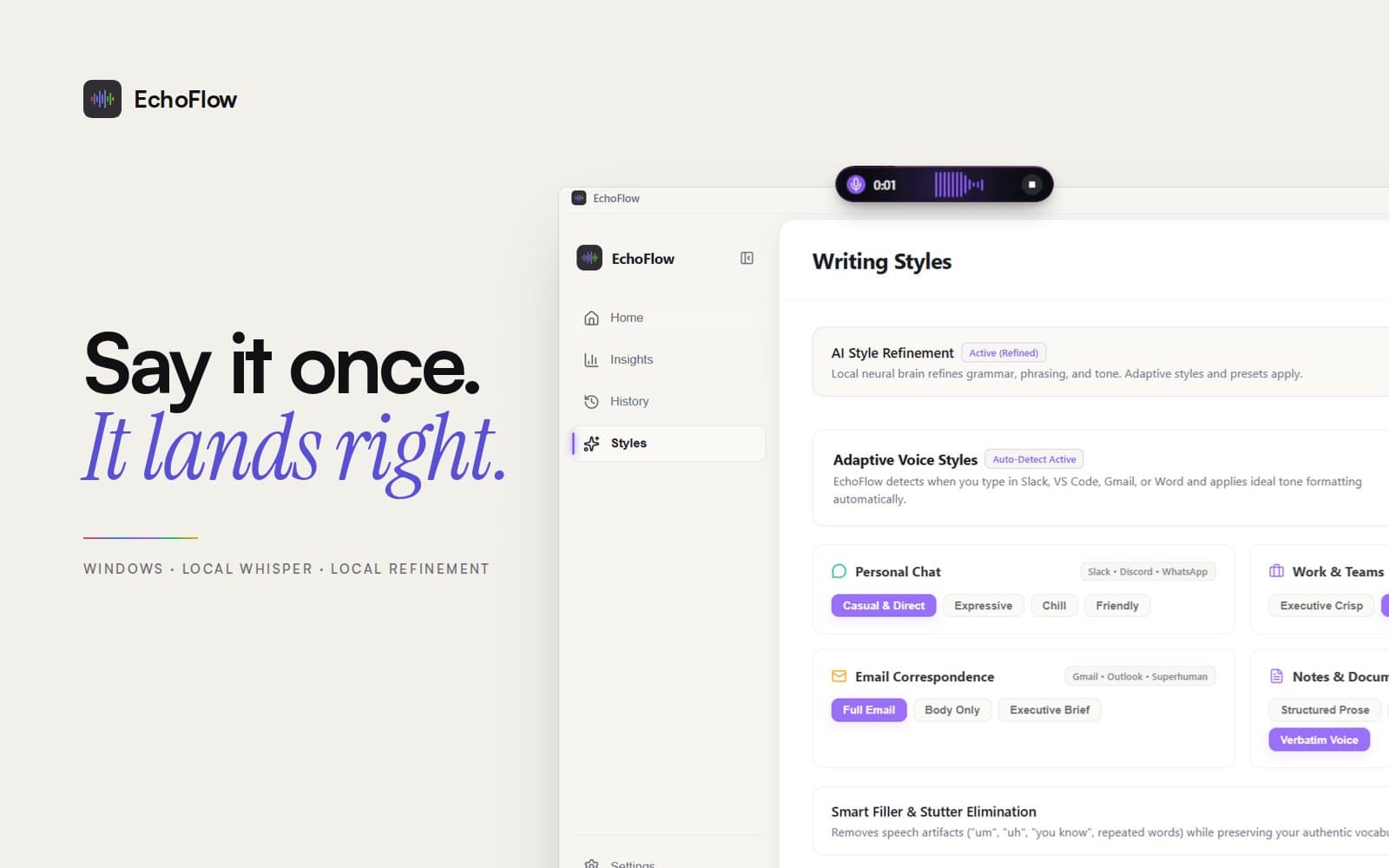 EchoFlow project cover: the headline "Say it once. It lands right." beside the real EchoFlow Writing Styles screen, with the Aurora recording pill above it.