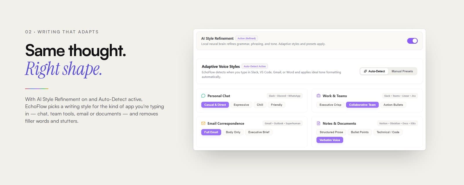 EchoFlow's Writing Styles screen with AI Style Refinement active, Auto-Detect on, and style presets for chat, team tools, email and documents.