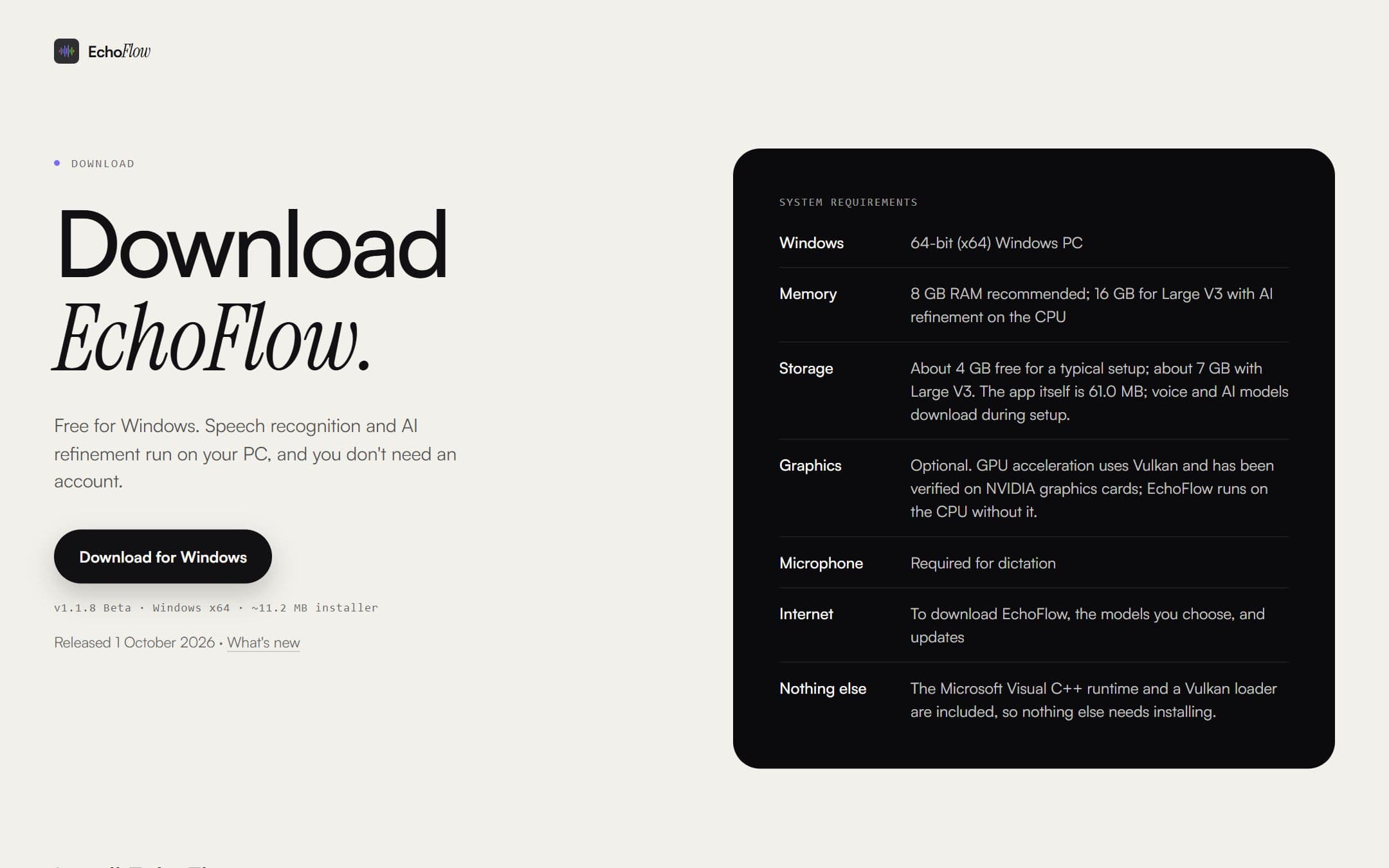 The EchoFlow website Download page, with the v1.1.8 Beta download button and system requirements.