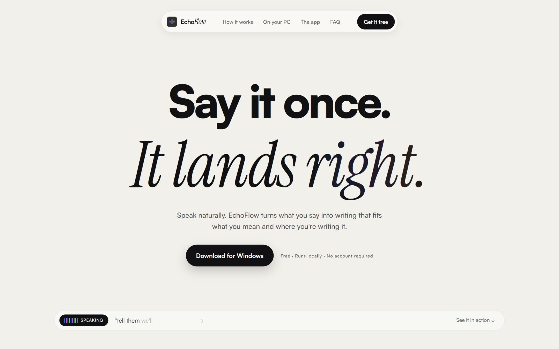 The EchoFlow website homepage: the headline “Say it once. It lands right.” above a Download for Windows button.