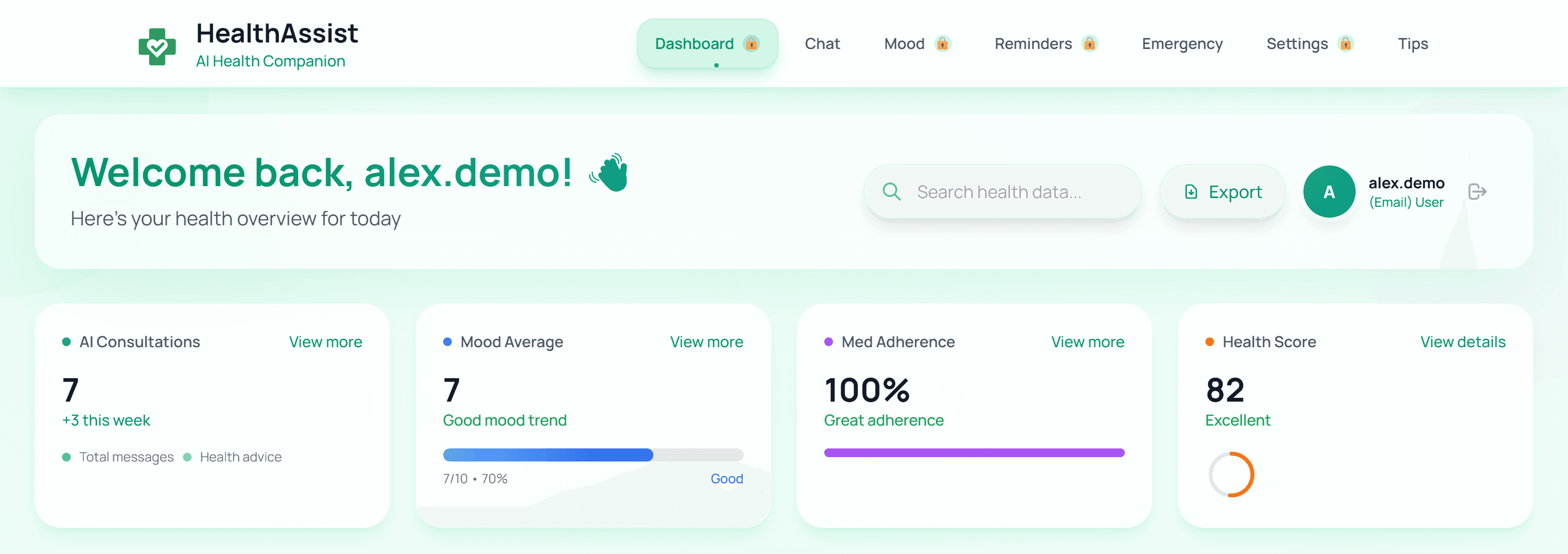 HealthAssist dashboard greeting and summary cards for synthetic demo activity; its health score is a rule-based display, not a clinical measure.