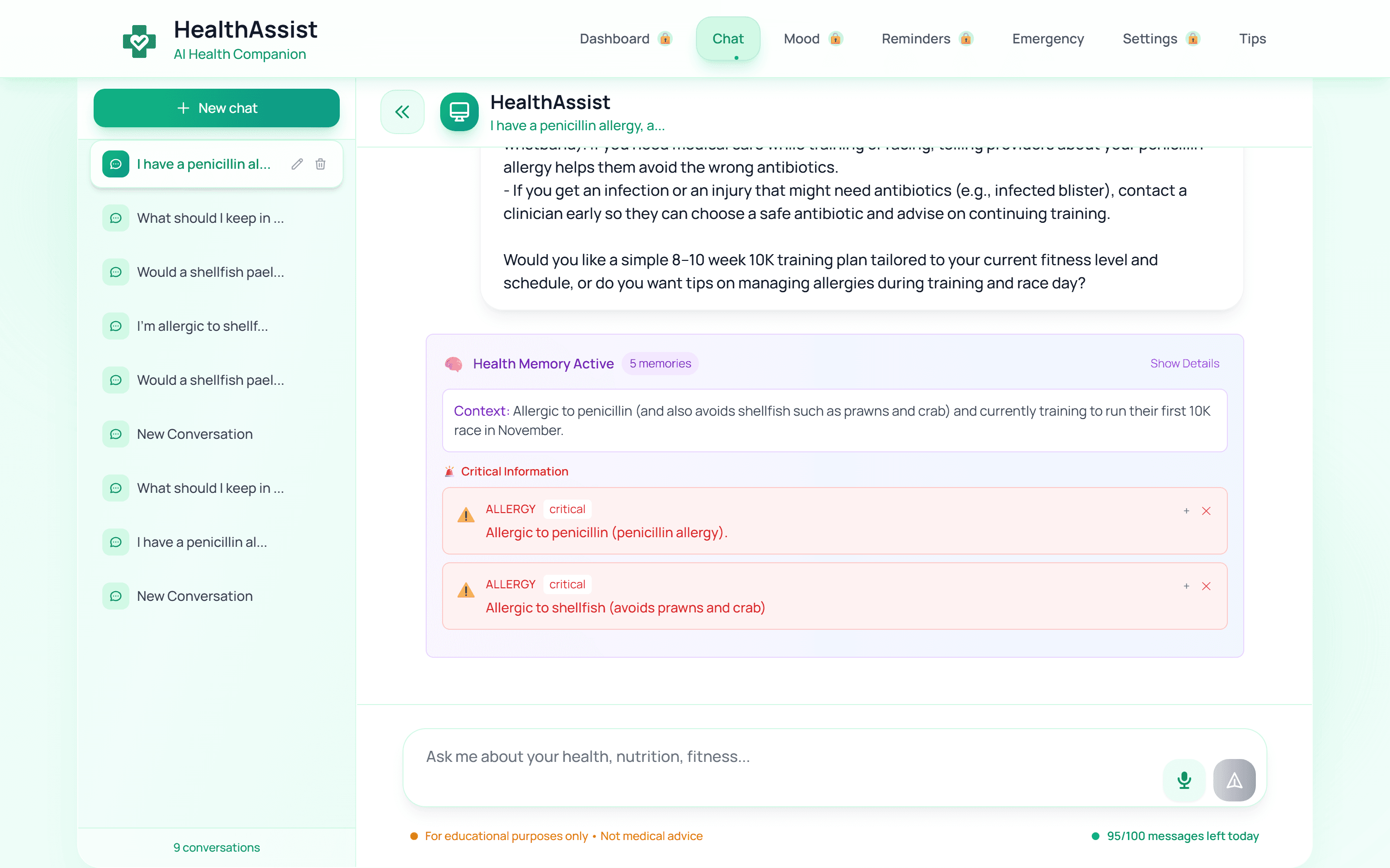 Synthetic conversation records a penicillin allergy and running goal in HealthAssist text chat.