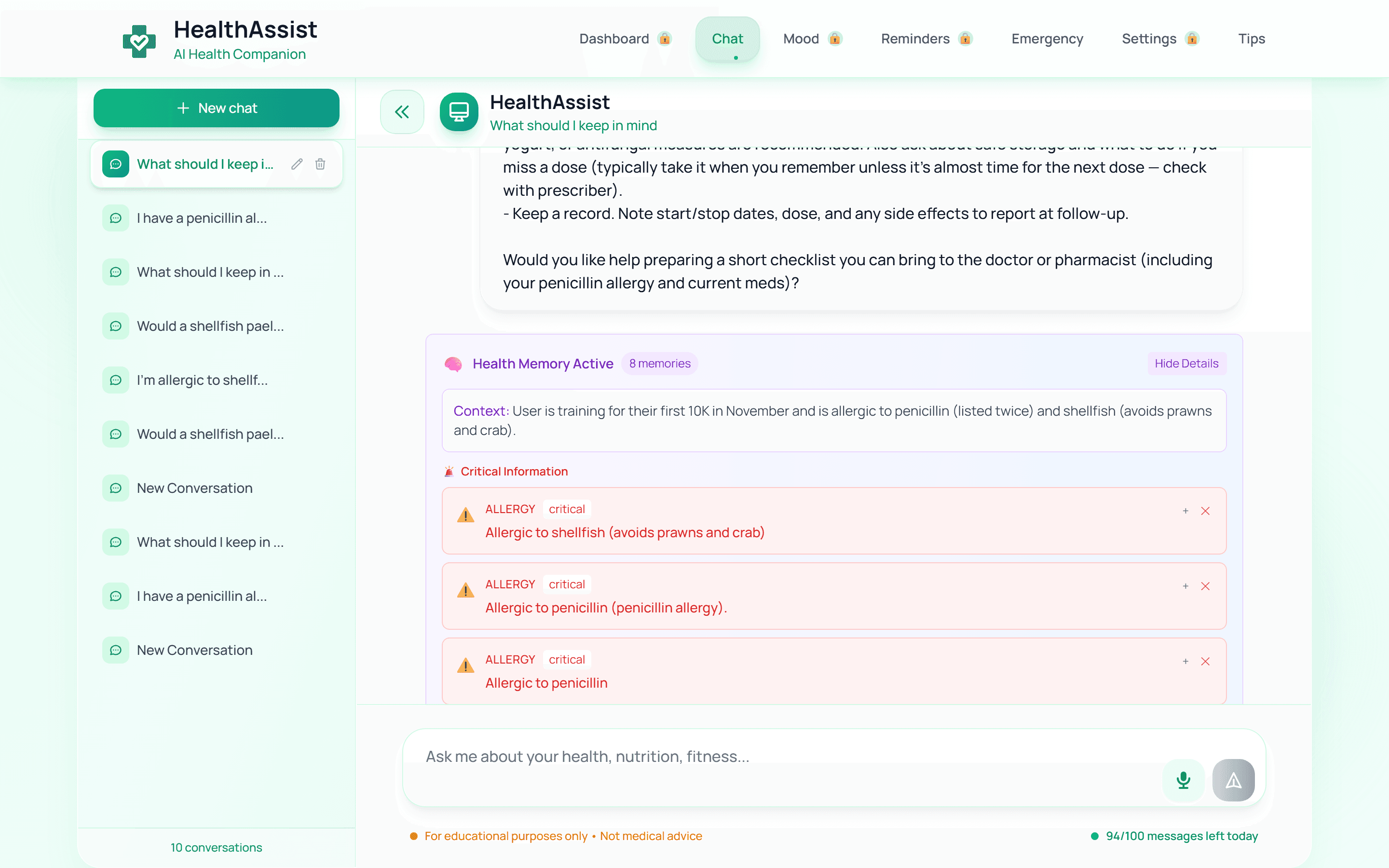 A later synthetic conversation refers to a previously stated penicillin allergy, with saved structured context visible.