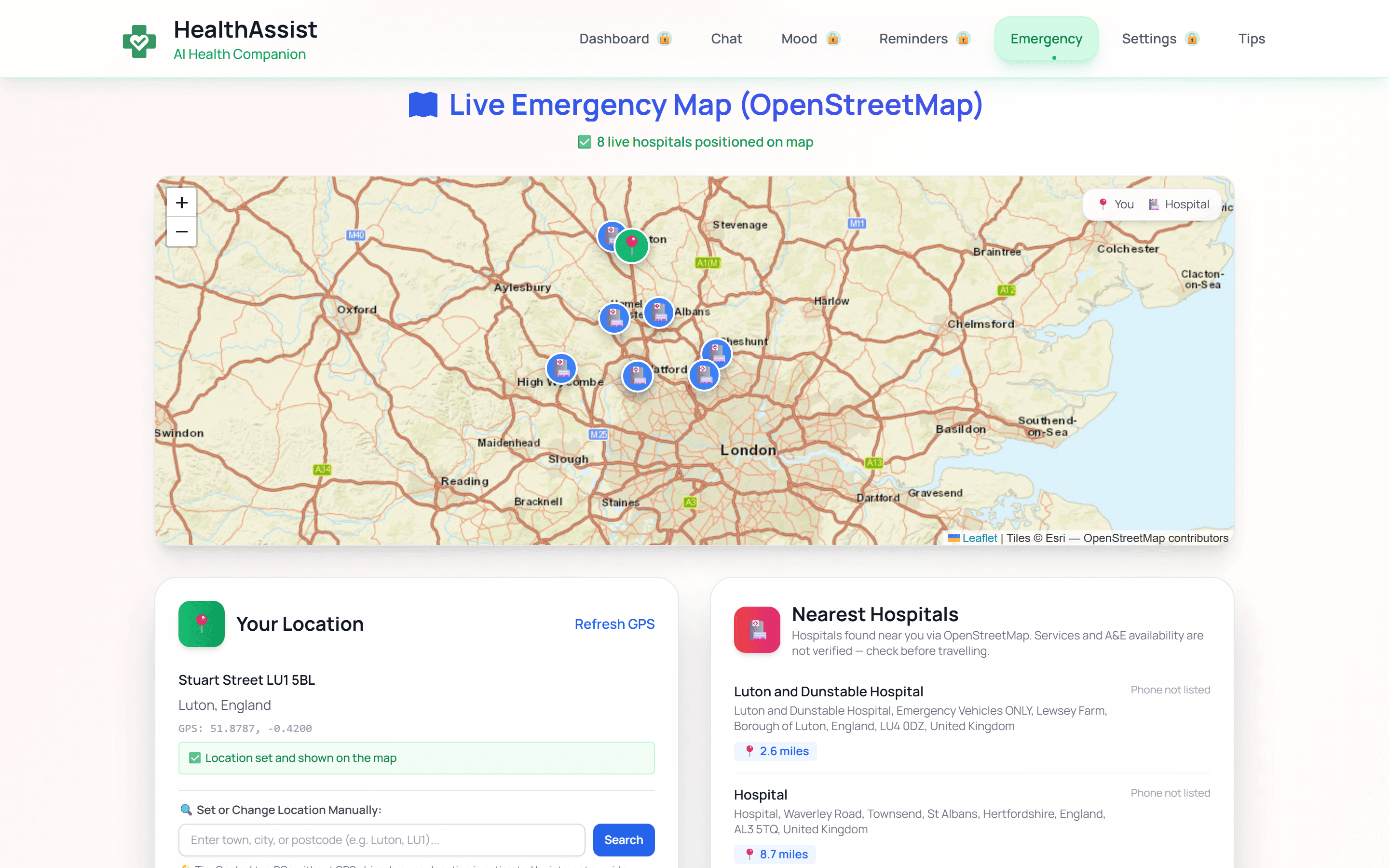 Nearby hospital discovery using OpenStreetMap data and a synthetic Luton location; services are unverified.