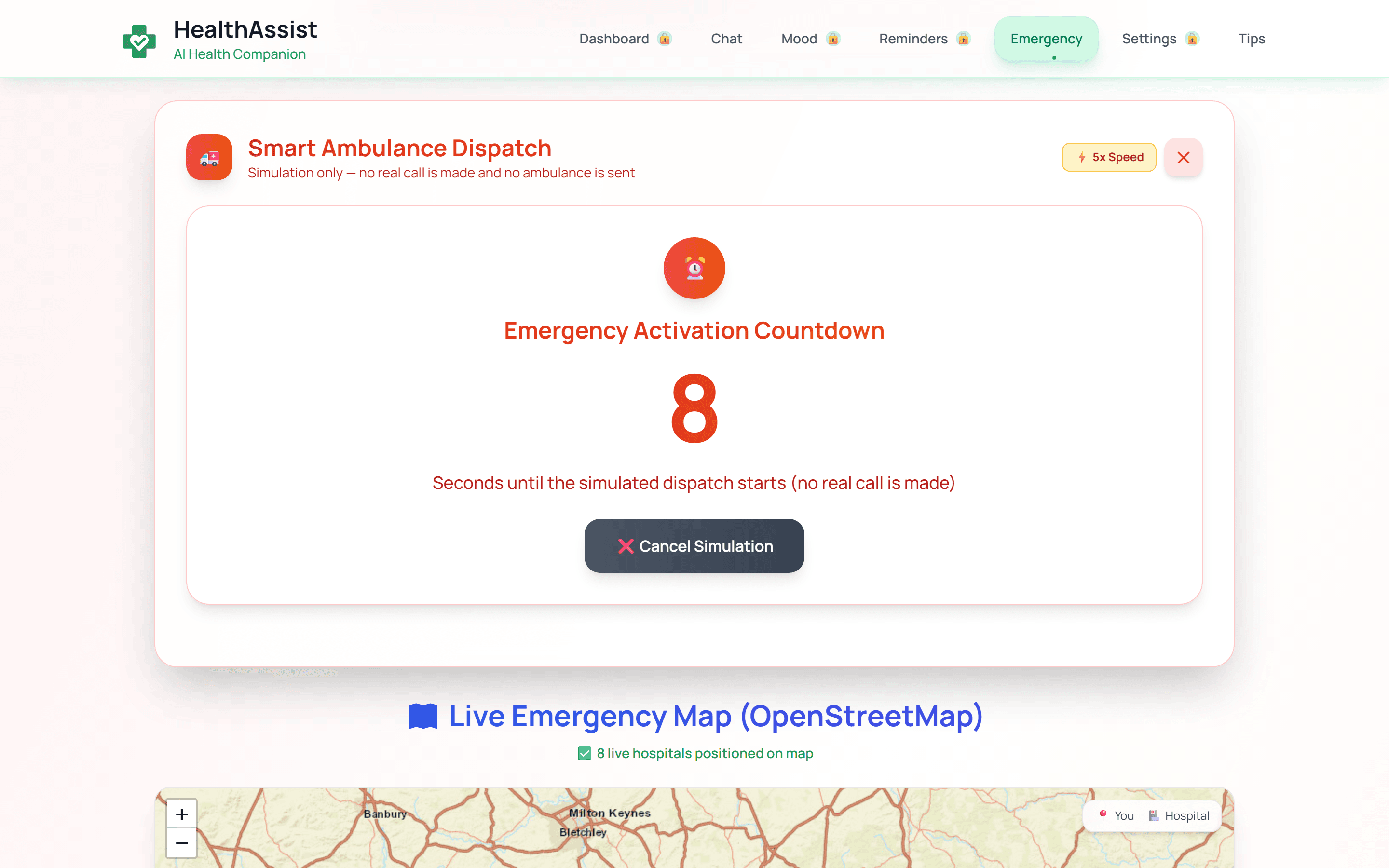 HealthAssist emergency simulation countdown with an explicit notice that no real call is made and an option to cancel the simulation.