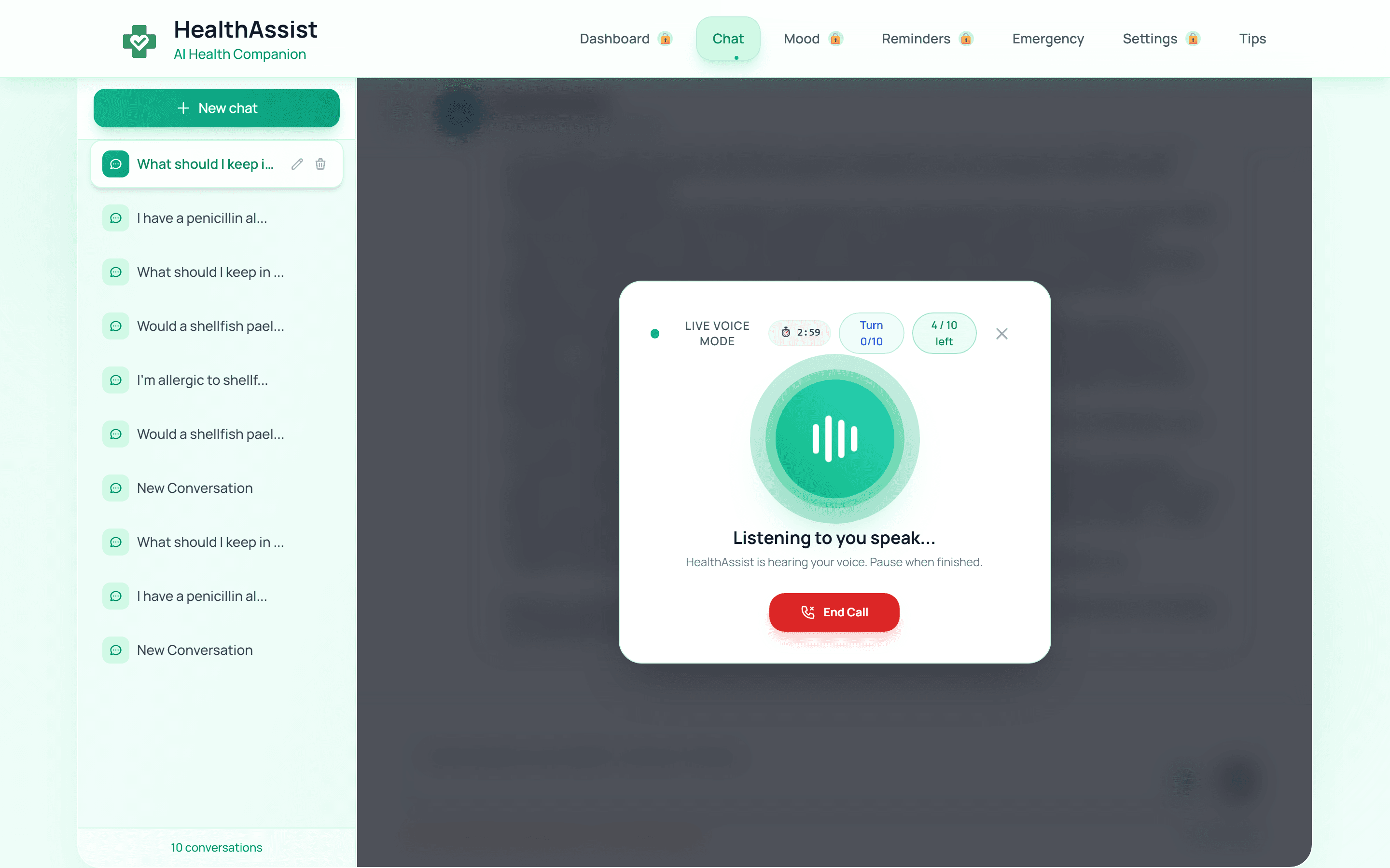Authenticated HealthAssist live voice session in the listening state, showing a three-minute timer and session allowance.
