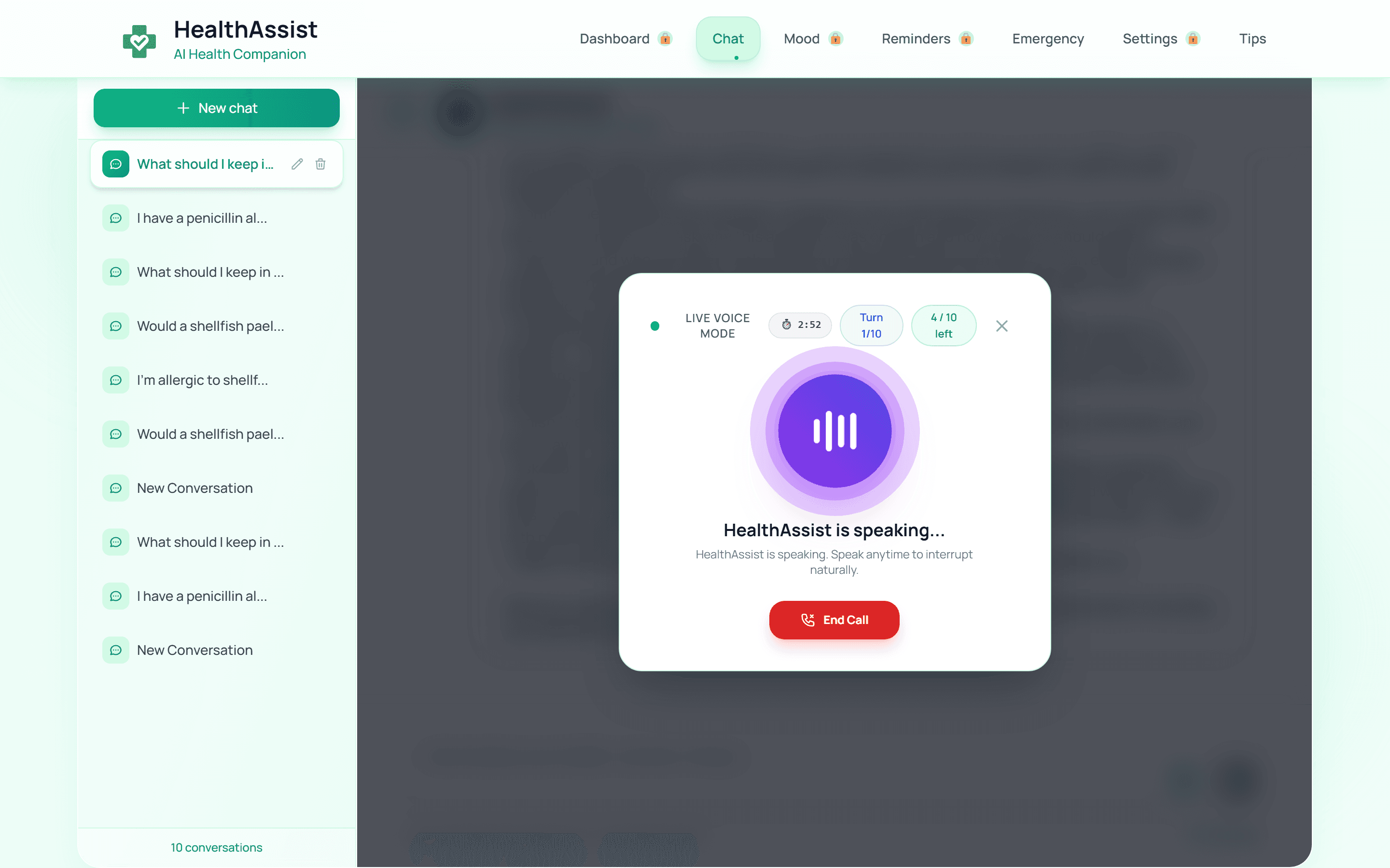 HealthAssist live voice session in the speaking state after a synthetic spoken question.
