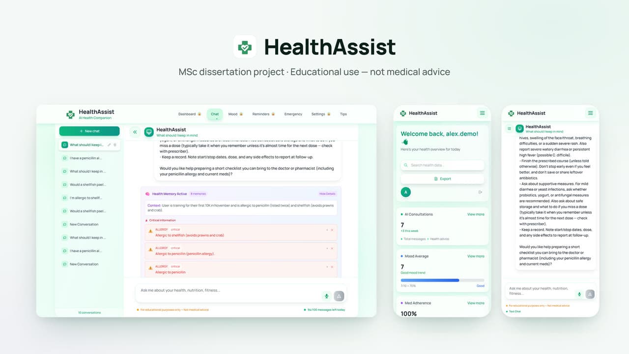 HealthAssist product film showing the deployed prototype's conversation, tracking and voice interfaces.