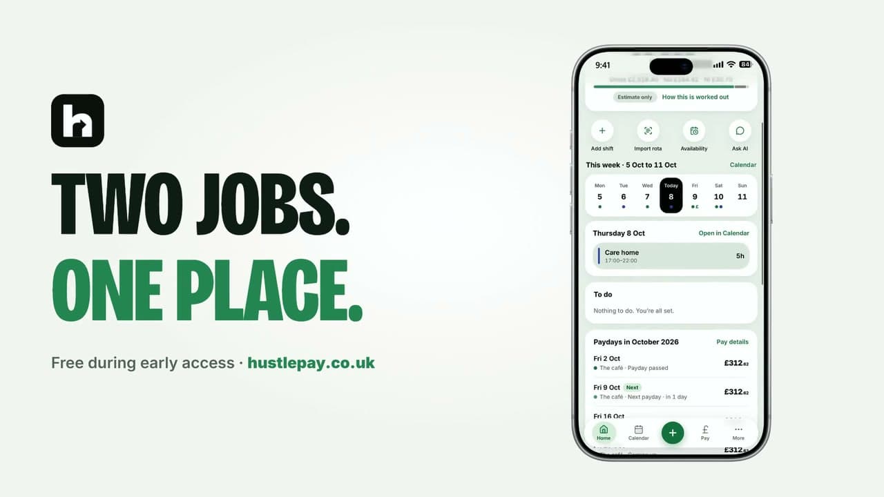 20-second Hustle product film: two jobs' rotas, a rota snapped and turned into shifts, every shift in one calendar, paydays and an estimated take-home figure, a chat question about the next payday, and the Hustle home screen on a phone.