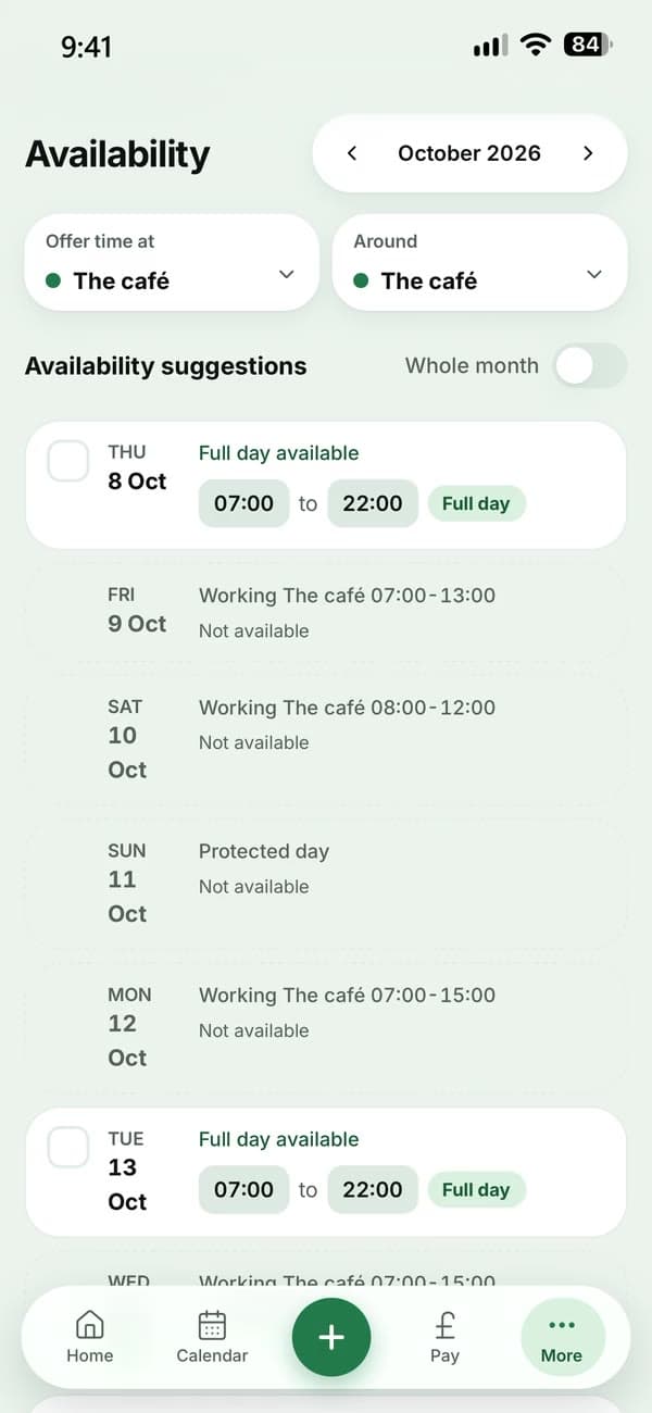 Hustle's Availability screen with example data: suggested free time for The café, days already working at the café, and a protected day kept free.