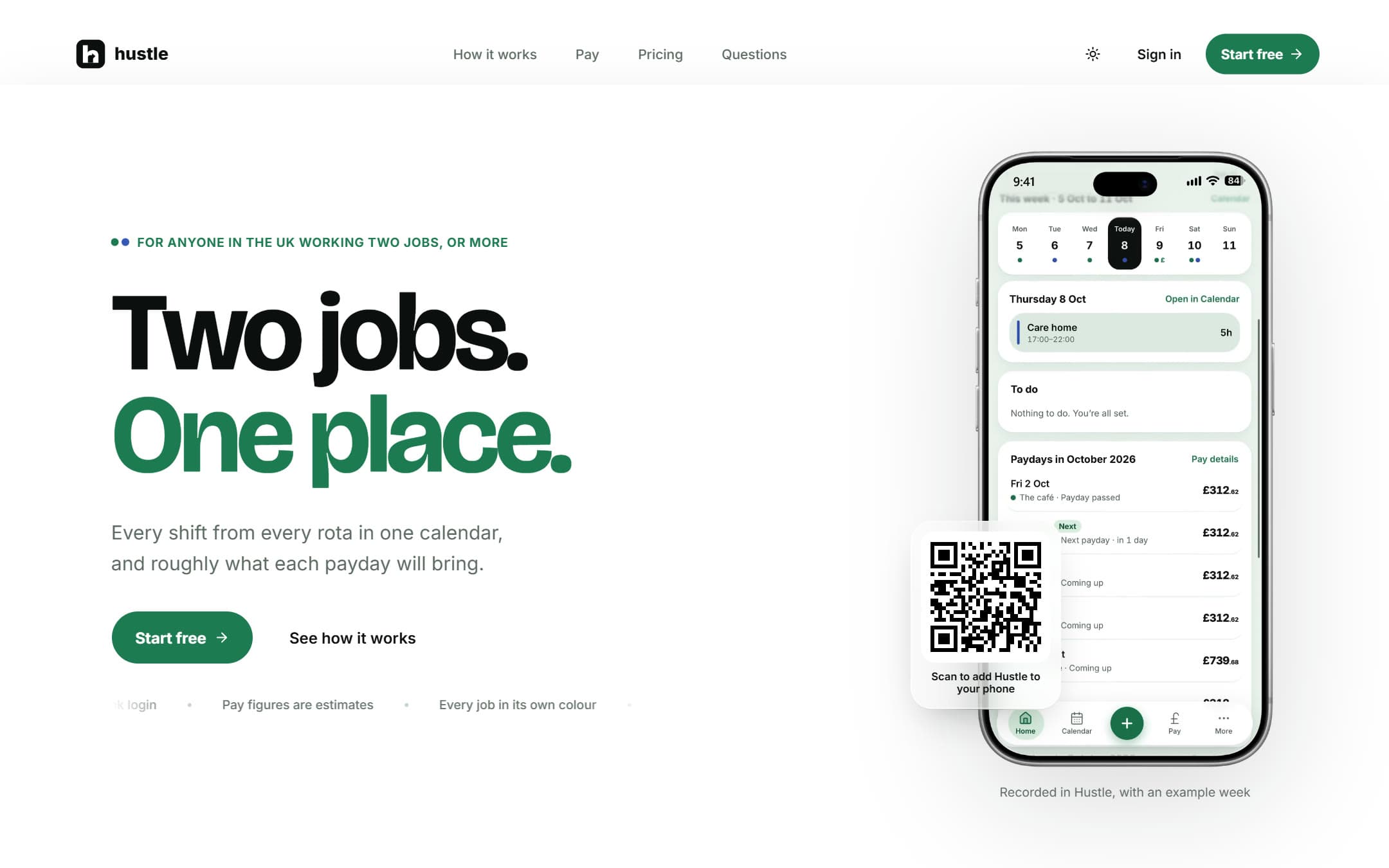 The public Hustle homepage: the headline "Two jobs. One place." beside a phone showing the app with an example week, and a QR code to add Hustle to a phone.